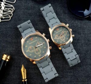 1156-284-398959-product-1.jpg Grey Chronograph Watch for Couples, Stainless Steel, Gold Accents, Water Resistant