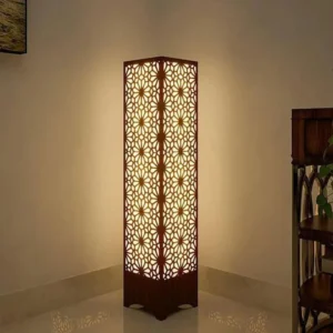 Wooden Floor Lamp with Geometric Cutouts Dark Brown Golden Glow